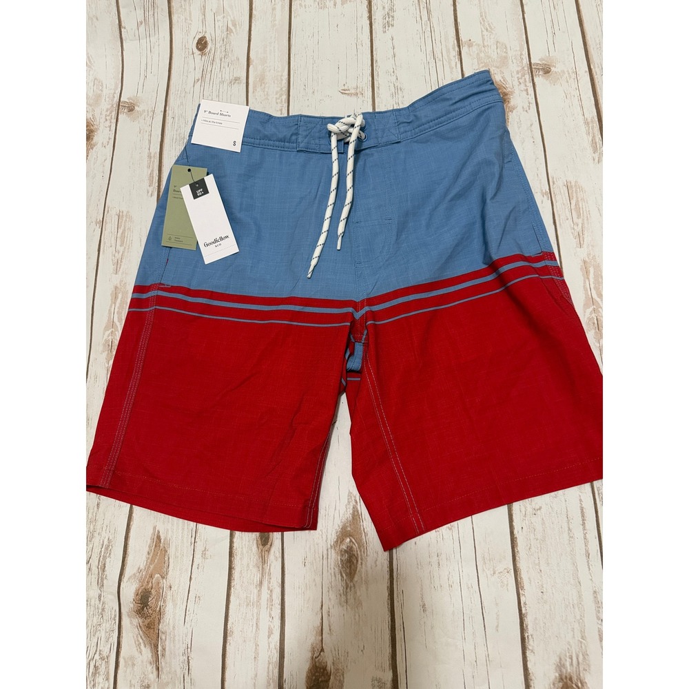 Goodfellow & Co Mens 9" Board Shorts Blue Red Colorblock Swim Trunks UPF 50+ S